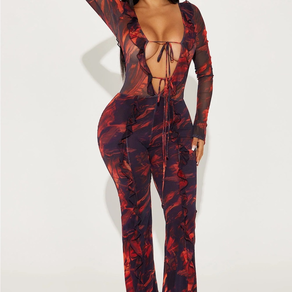 Fashion Nova Fiery Red and Black Sheer Jumpsuit